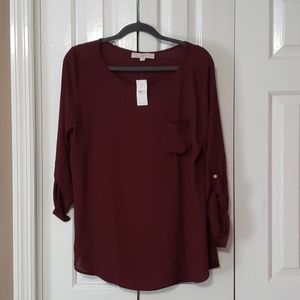 NWT Ann Taylor Loft Maroon Roll Sleeve Top L